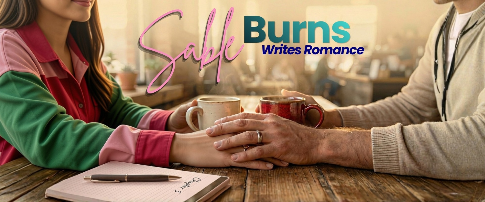 A couple sharing coffee and holding hands across a café table beneath the Sable Burns Writes Romance logo.